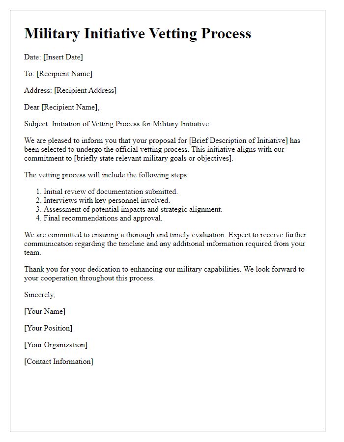 Letter template of military initiative vetting process