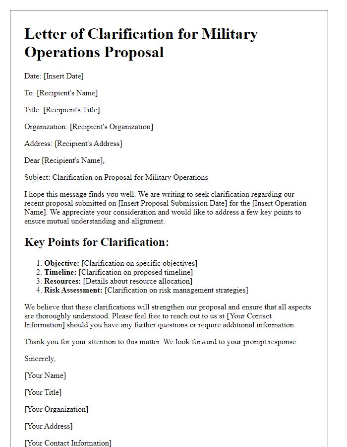 Letter template of military operations proposal clarification