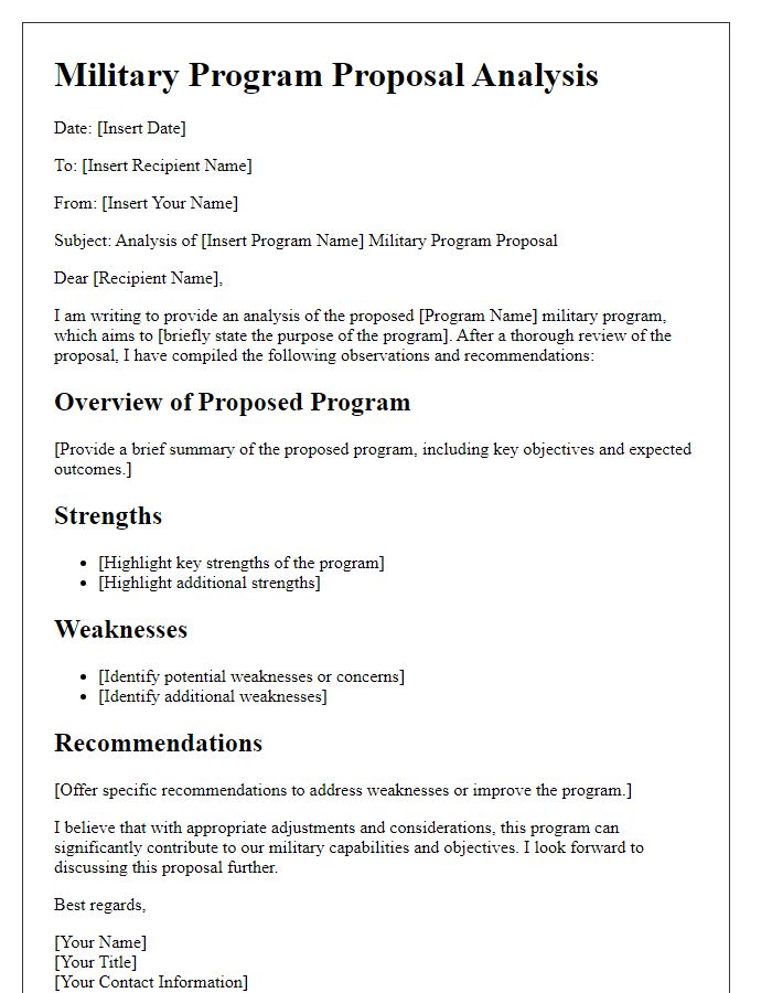 Letter template of military program proposal analysis