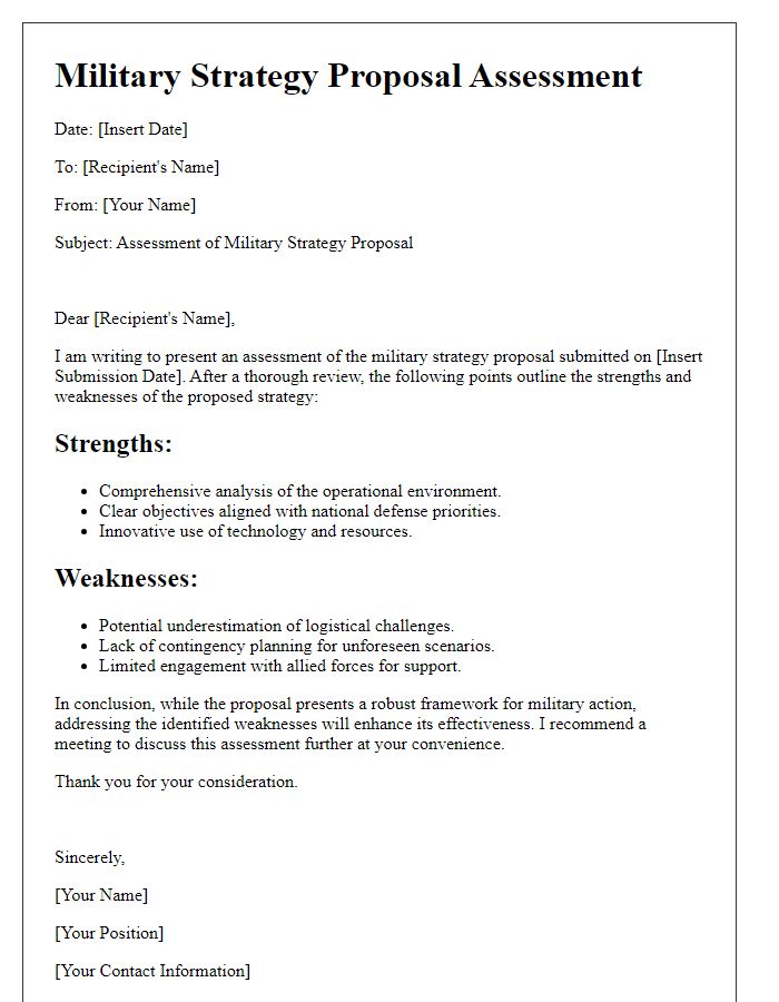 Letter template of military strategy proposal assessment