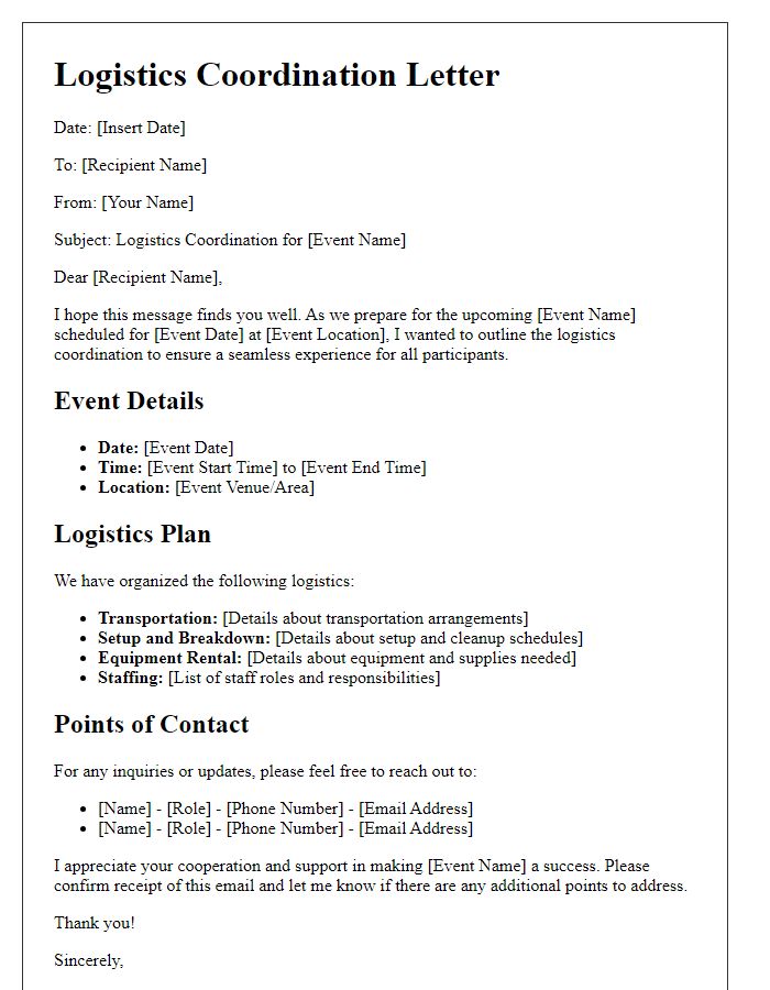 Letter template of logistics coordination for outdoor events