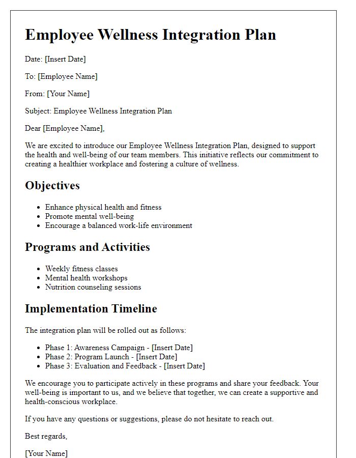 Letter template of employee wellness integration plan