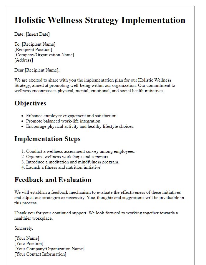 Letter template of holistic wellness strategy implementation