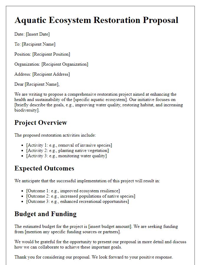 Letter template of aquatic ecosystem restoration proposal