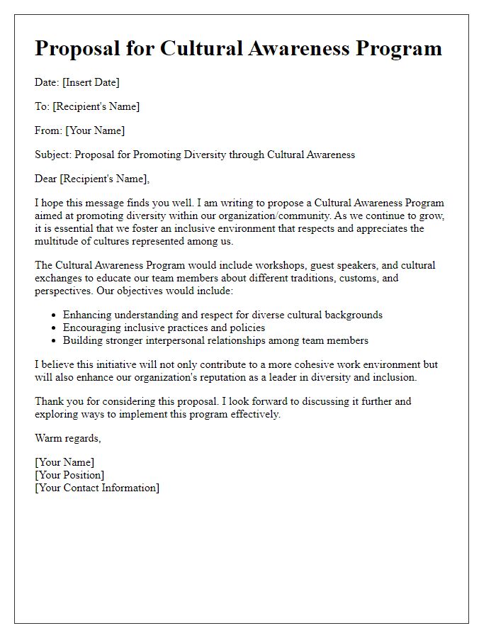 Letter template of cultural awareness proposal for diversity promotion