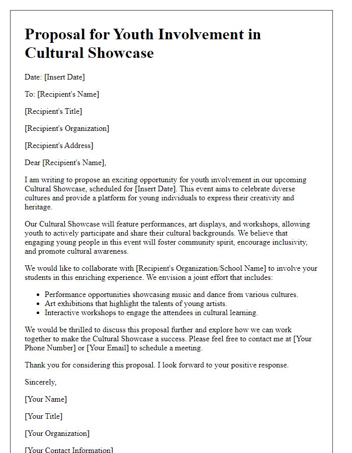 Letter template of cultural showcase proposal for youth involvement