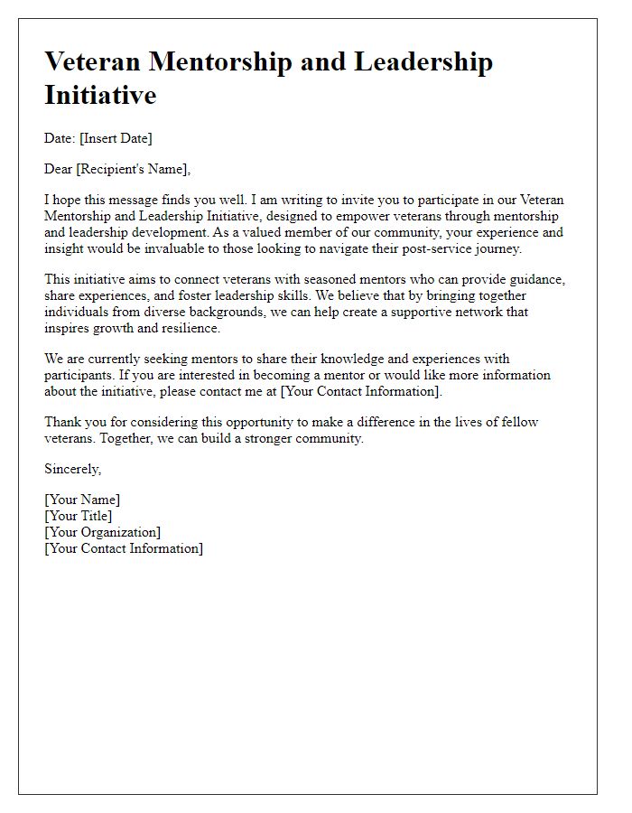 Letter template of veteran mentorship and leadership initiative