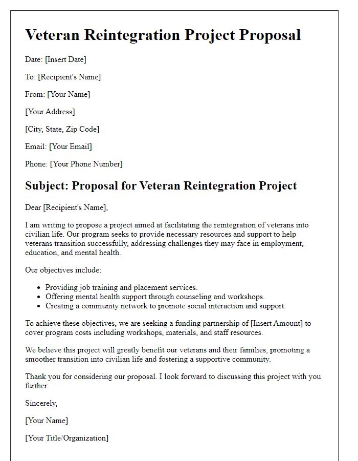 Letter template of veteran reintegration project proposal