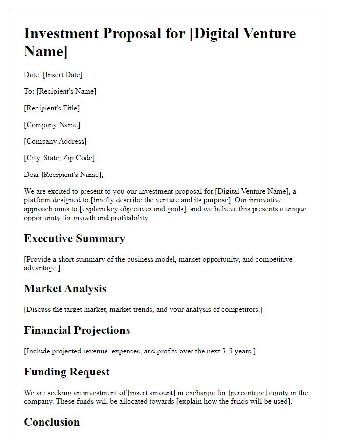 Letter template of investment proposal for digital venture