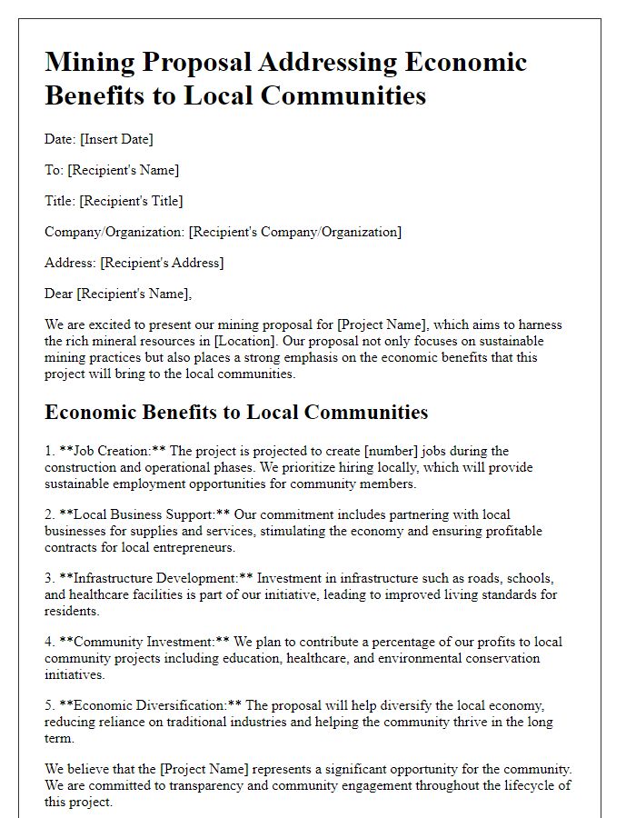 Letter template of mining proposal addressing economic benefits to local communities.