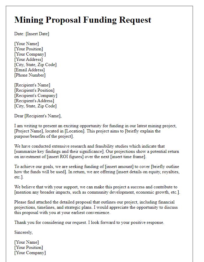 Letter template of mining proposal aimed at securing funding.