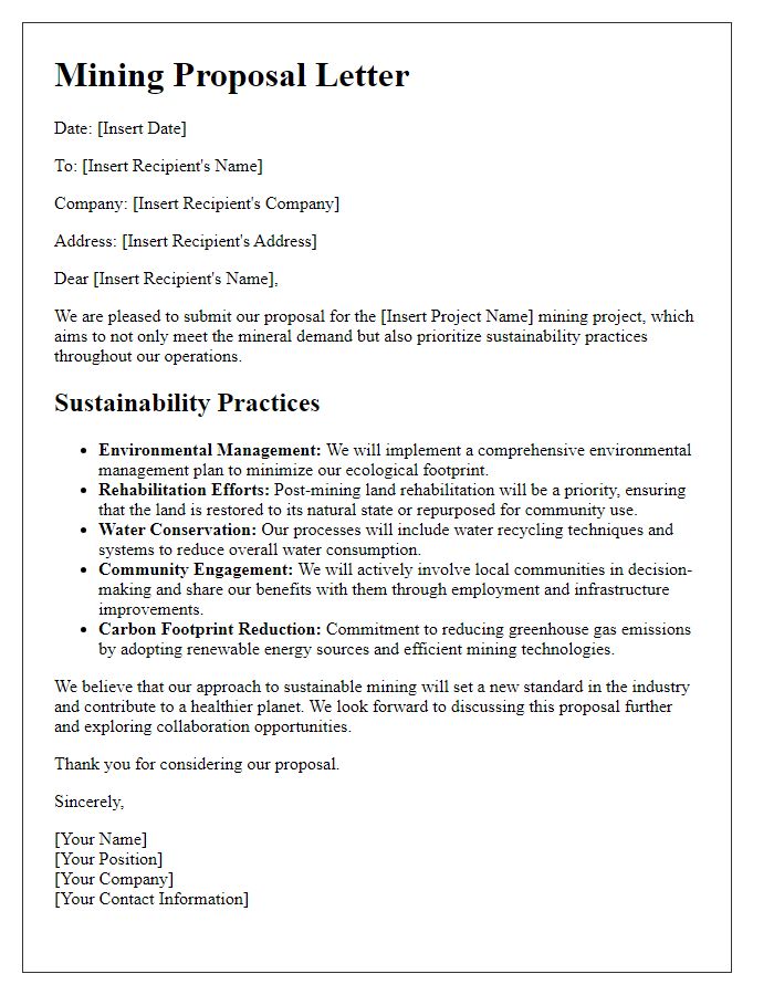 Letter template of mining proposal highlighting sustainability practices.