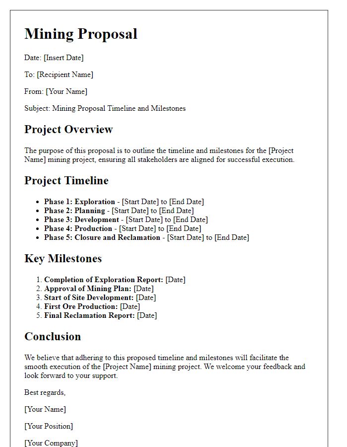 Letter template of mining proposal for project timeline and milestones.