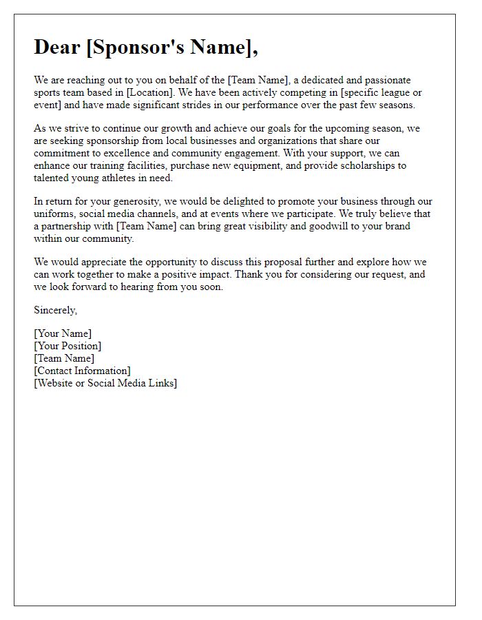 Letter template of sponsorship appeal for a sports team.