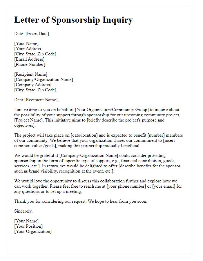 Letter template of sponsorship inquiry for a community project.