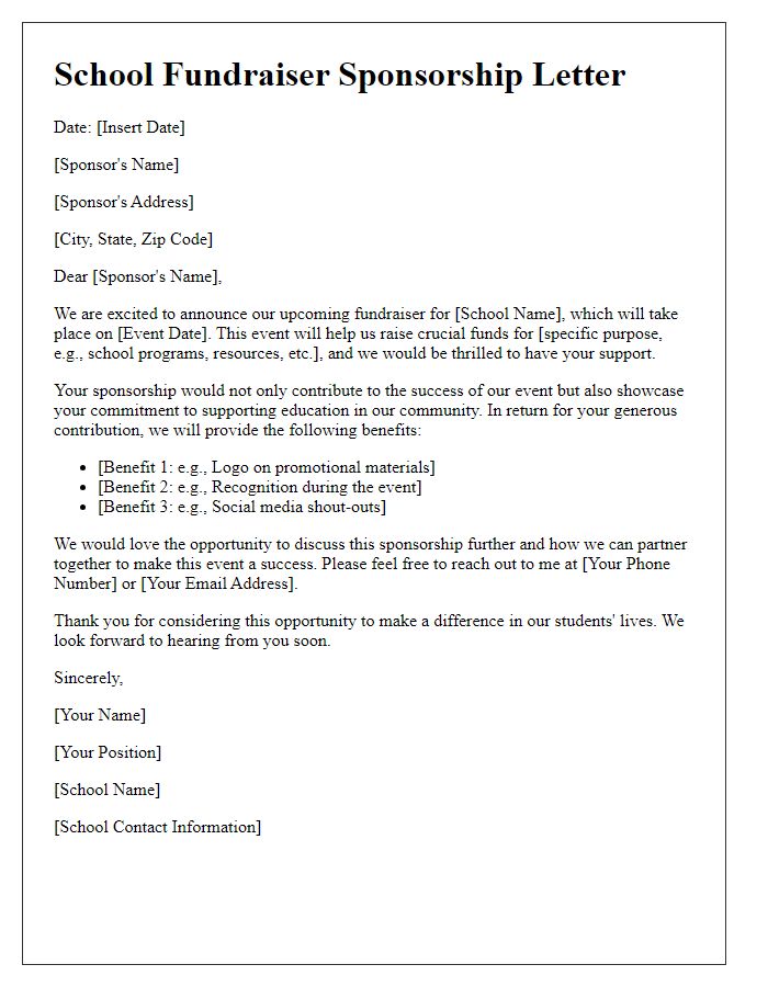 Letter template of sponsorship letter for a school fundraiser.