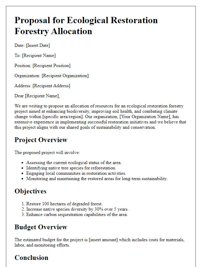 Letter template of ecological restoration forestry proposal allocation