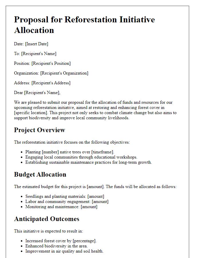 Letter template of reforestation initiative proposal allocation