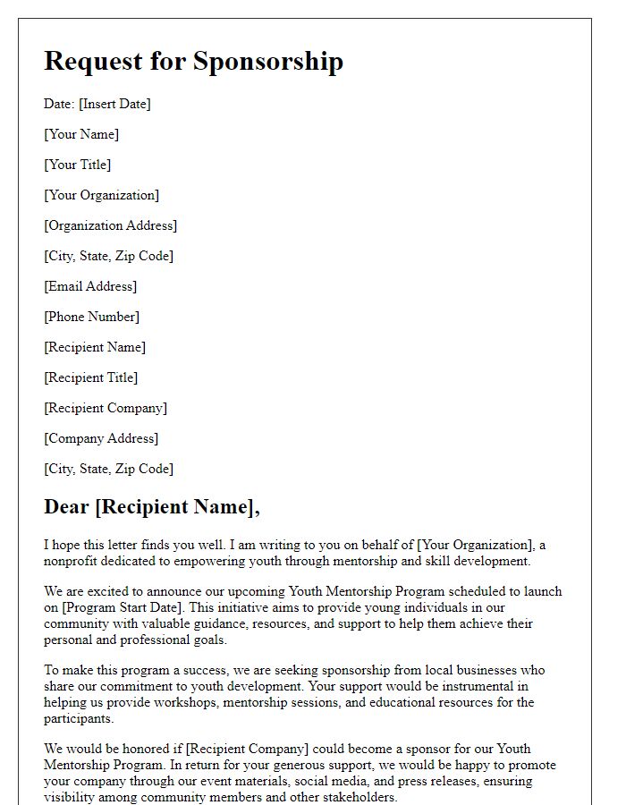 Letter template of business sponsorship request for youth mentorship program.