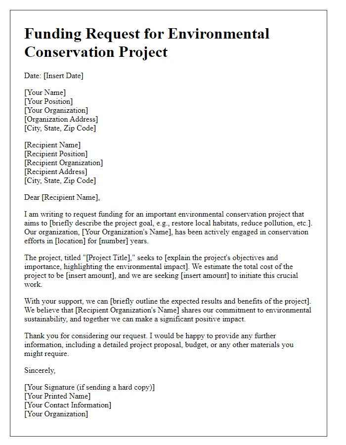 Letter template of funding request for environmental conservation project.