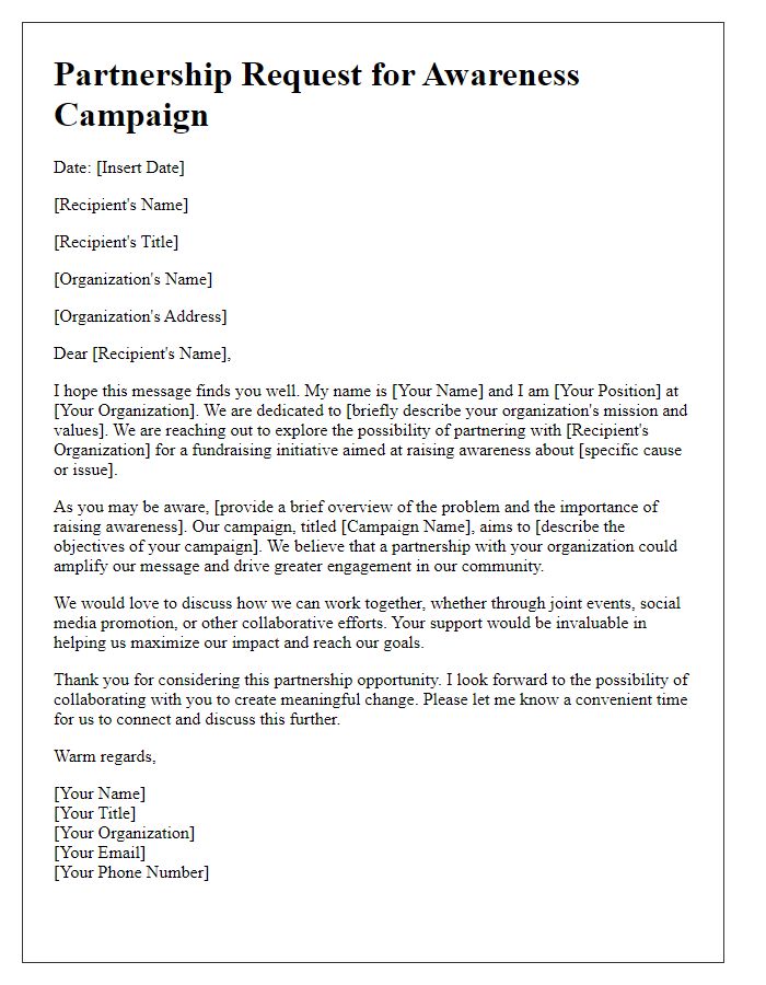 Letter template of fundraising partnership request for awareness campaign.