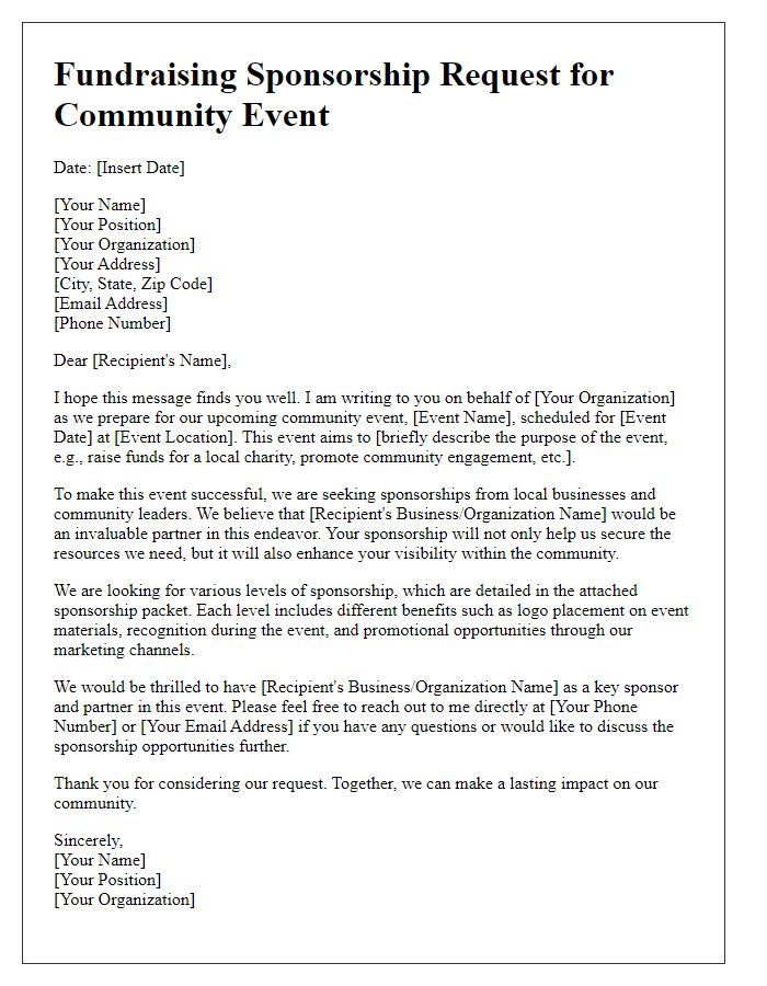 Letter template of fundraising sponsorship request for community event.