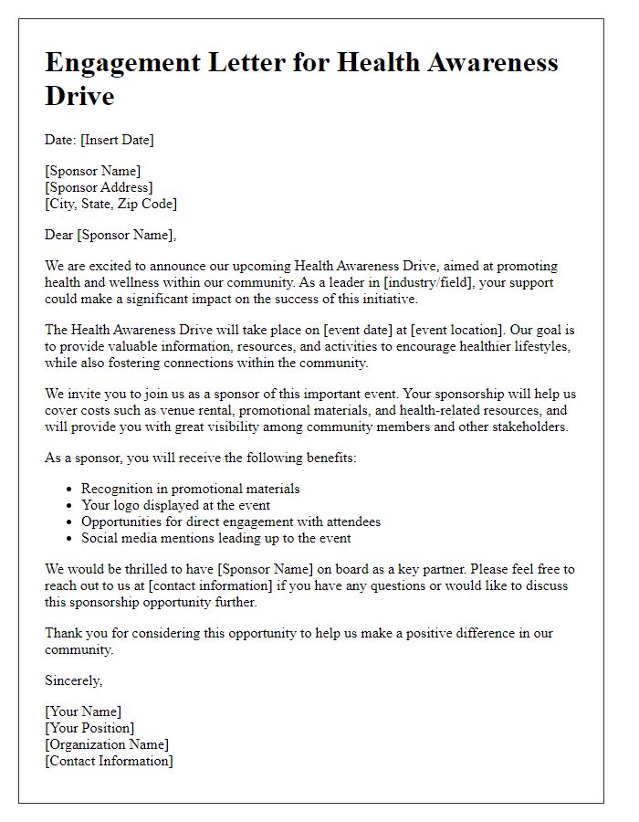 Letter template of sponsor engagement letter for health awareness drive.