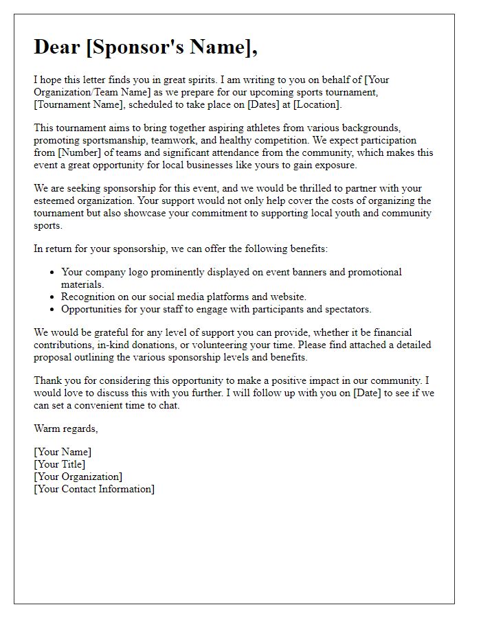 Letter template of sponsorship appeal for sports tournament support.