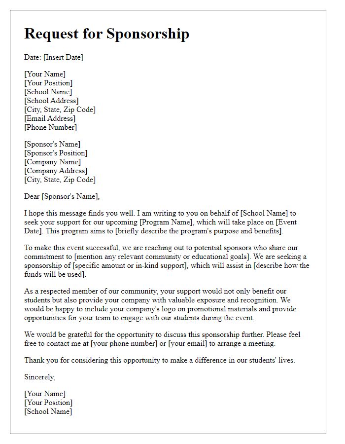 Letter template of sponsorship request for school program funding.