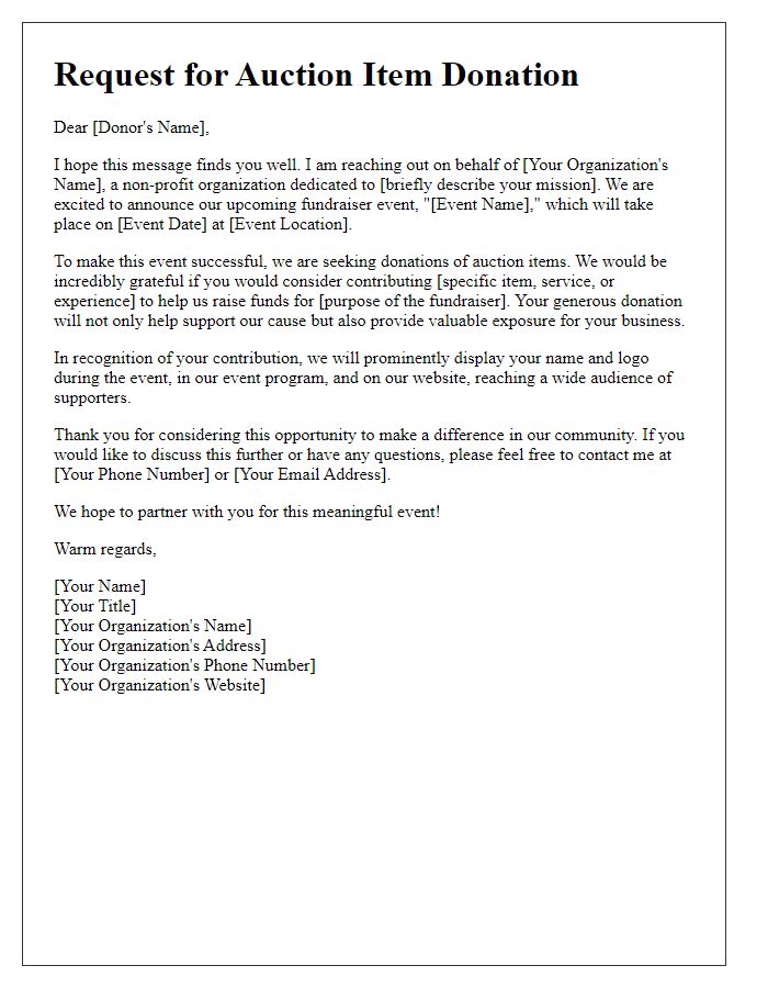 Letter template of auction item request for non-profit fundraiser