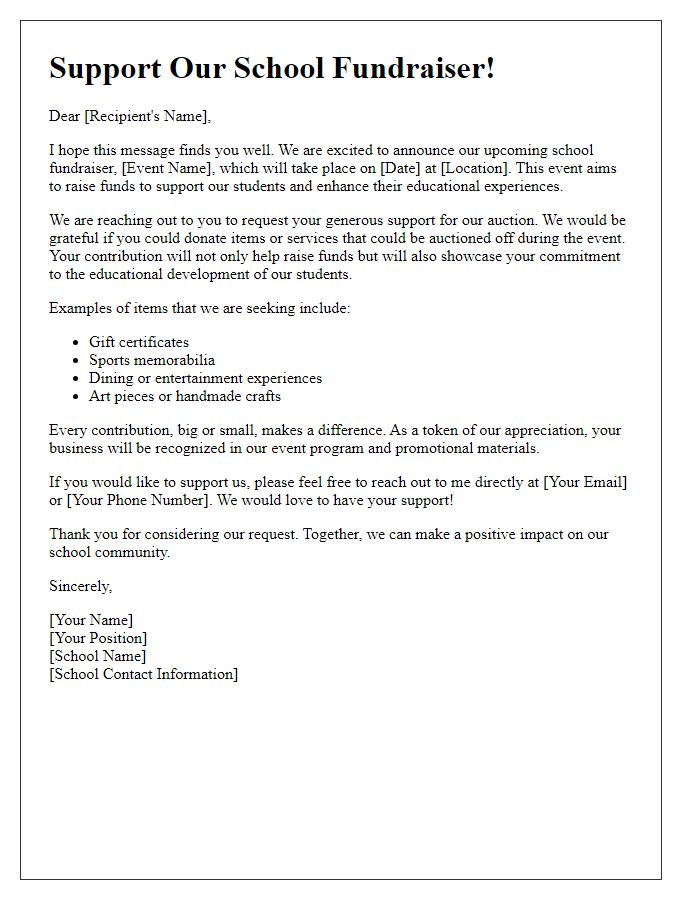 Letter template of auction support request for school fundraiser