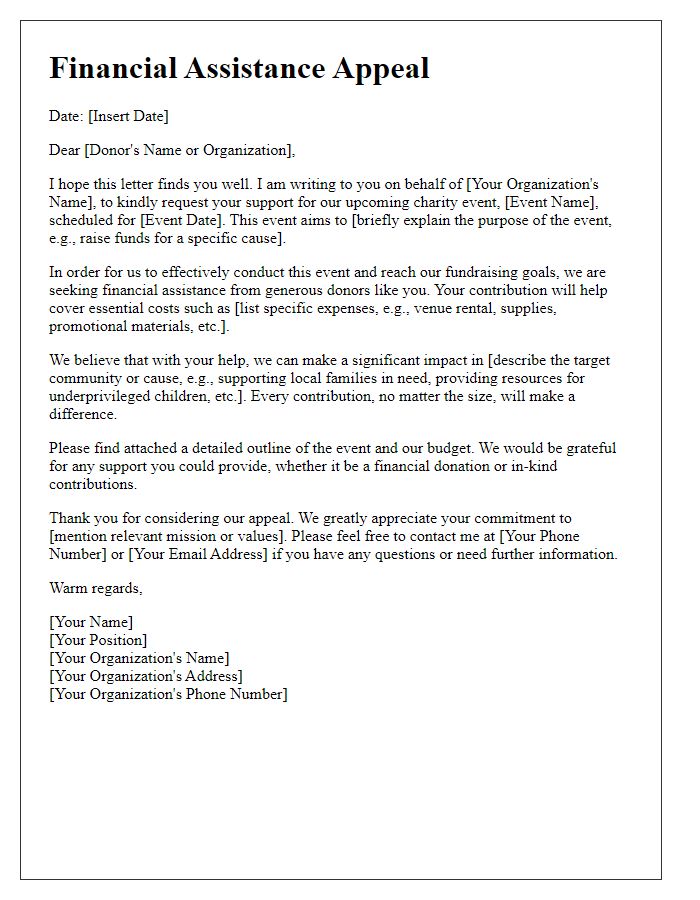 Letter template of financial assistance appeal for charity events.