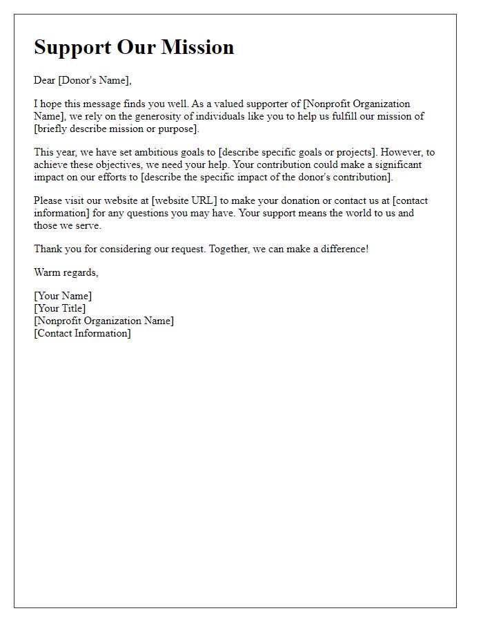 Letter template of support solicitation for a nonprofit organization.