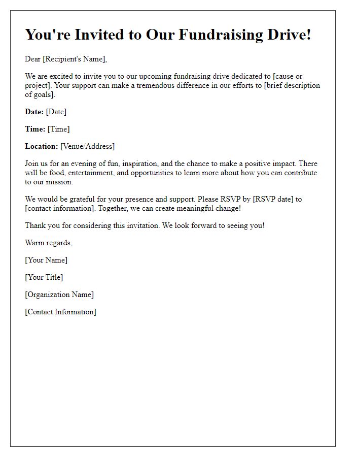 Letter template of fundraising drive invitation.