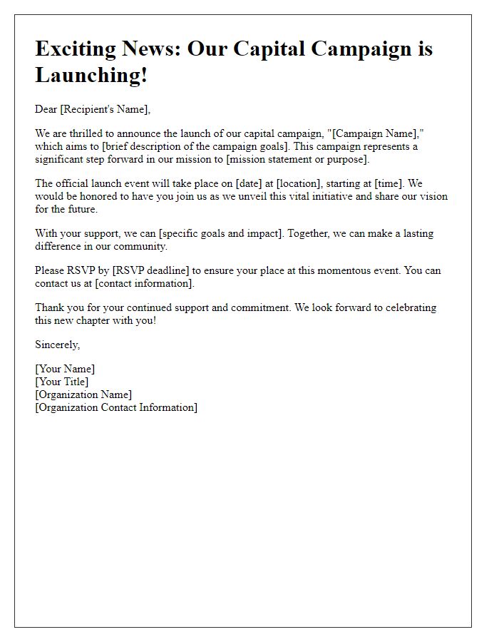 Letter template of capital campaign launch announcement