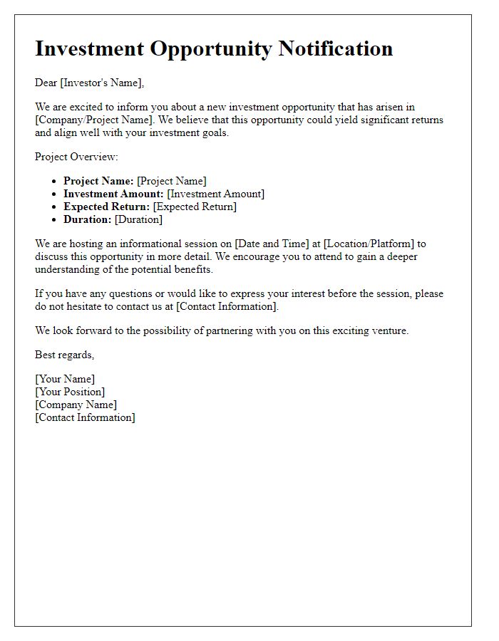 Letter template of investment opportunity notification