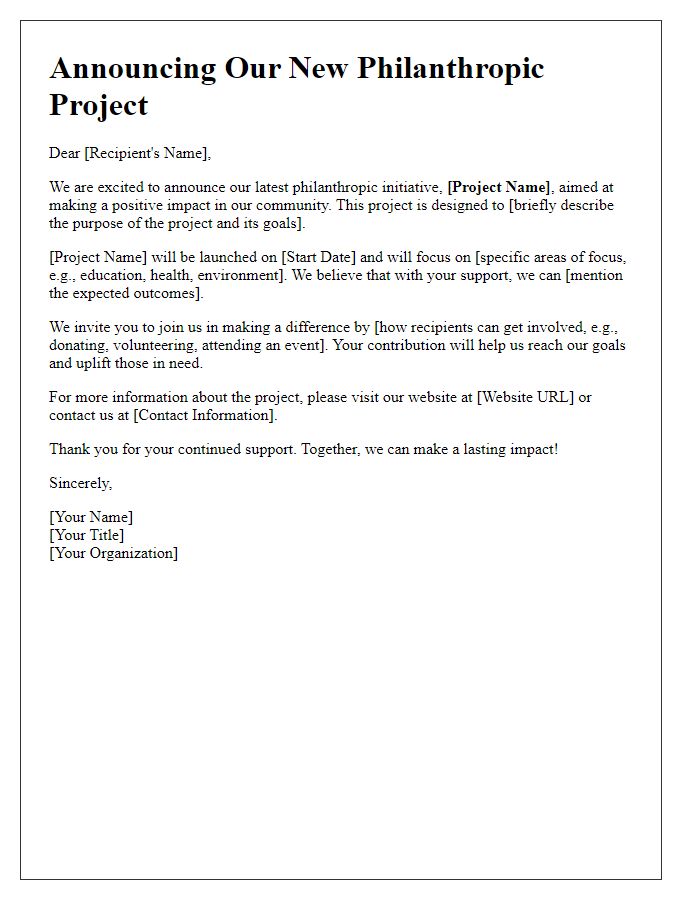 Letter template of philanthropic project announcement