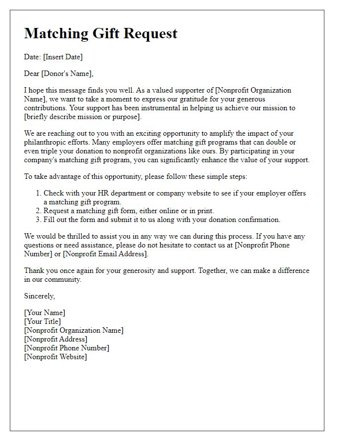 Letter template of matching gift request for nonprofit partners.