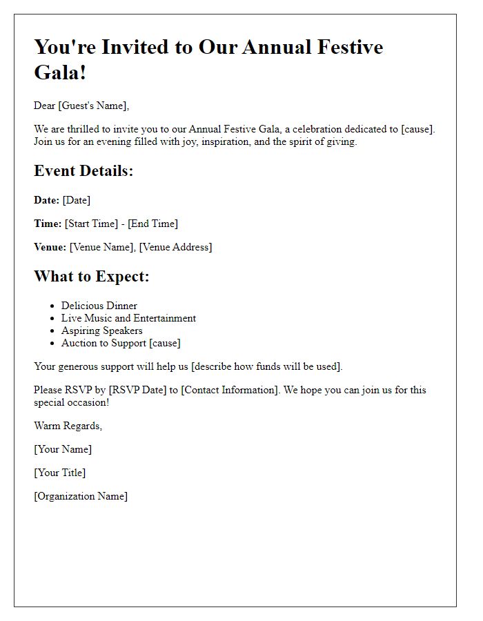 Letter template of festive gala invitation for cause