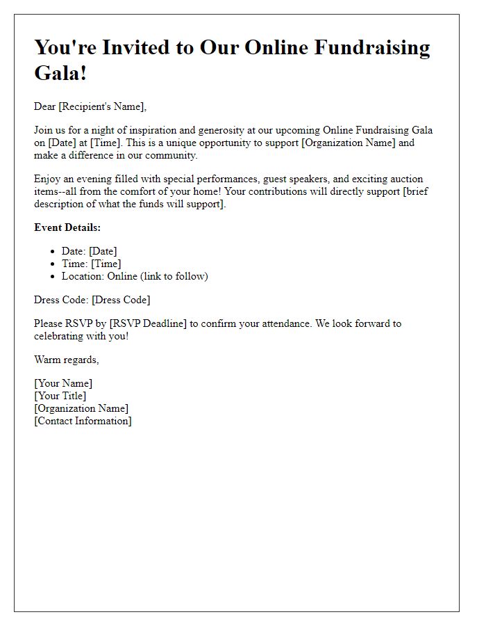 Letter template of online fundraising gala invitation