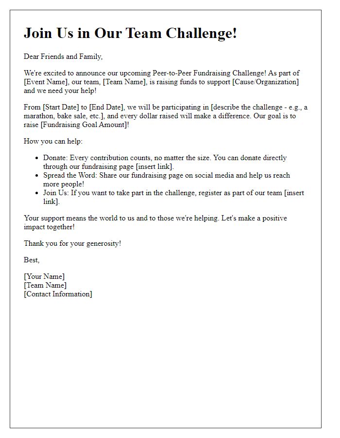 Letter template of a peer-to-peer fundraising announcement for team challenges.