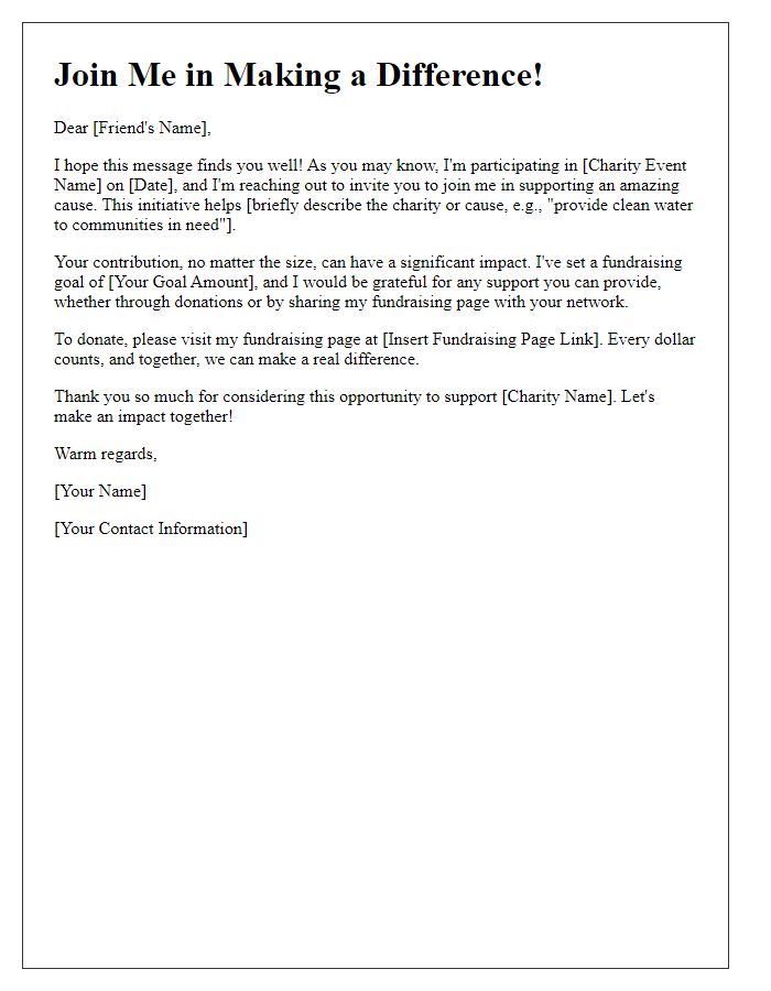 Letter template of a peer-to-peer fundraising outreach for charity initiatives.