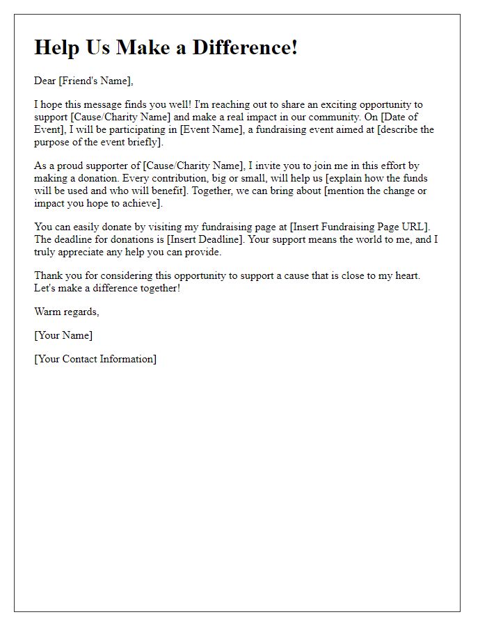 Letter template of a peer-to-peer fundraising request for community support.