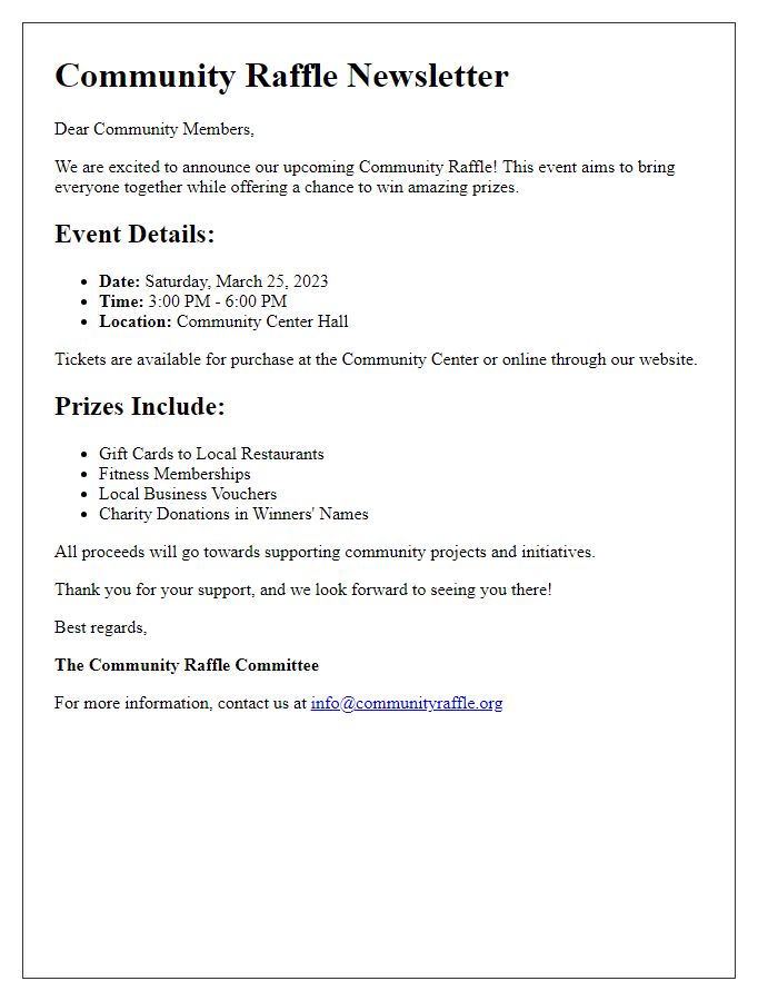 Letter template of community raffle newsletter