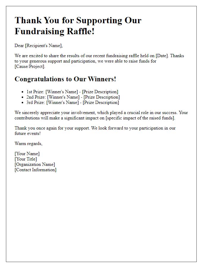 Letter template of fundraising raffle results