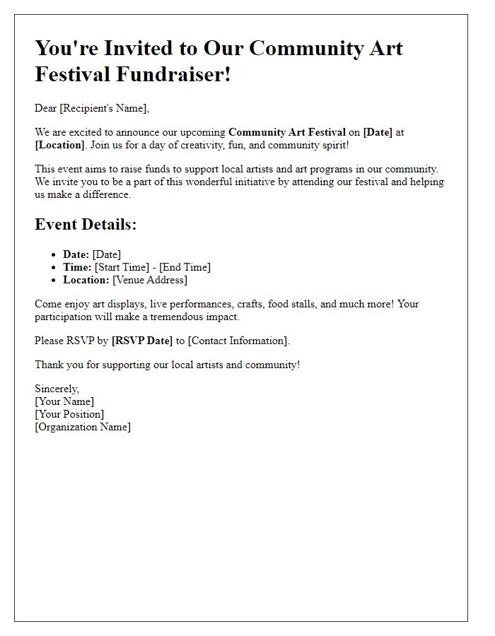 Letter template of community fundraiser invitation for art festival