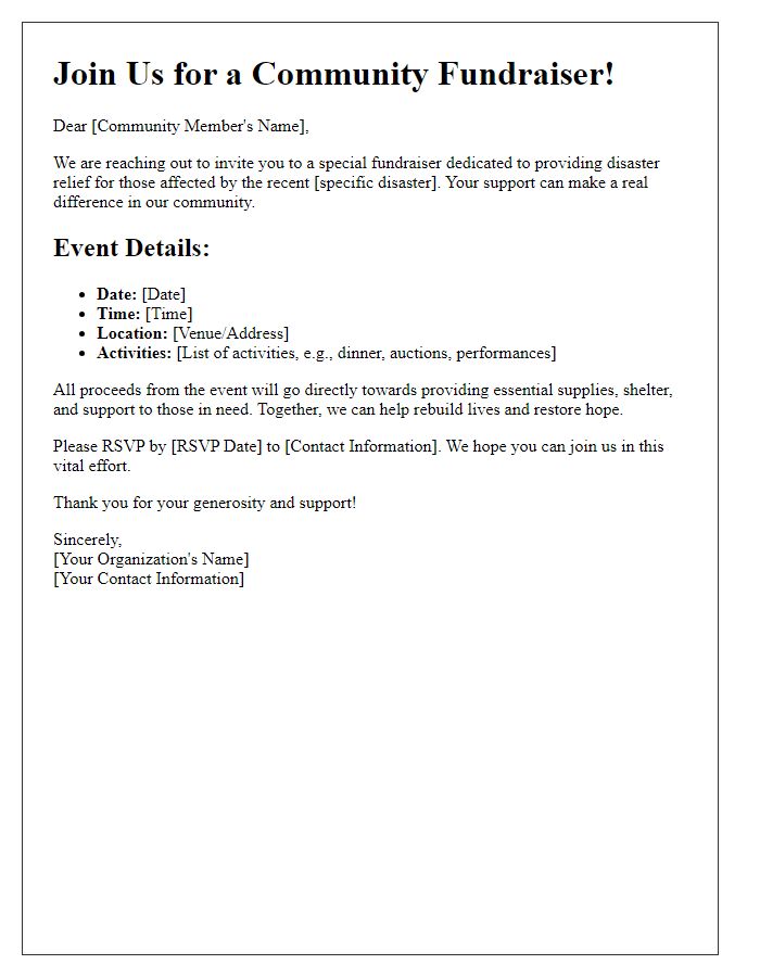 Letter template of community fundraiser invitation for disaster relief efforts