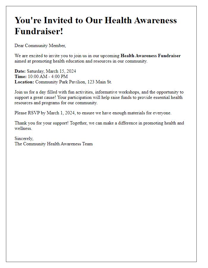 Letter template of community fundraiser invitation for health awareness campaign