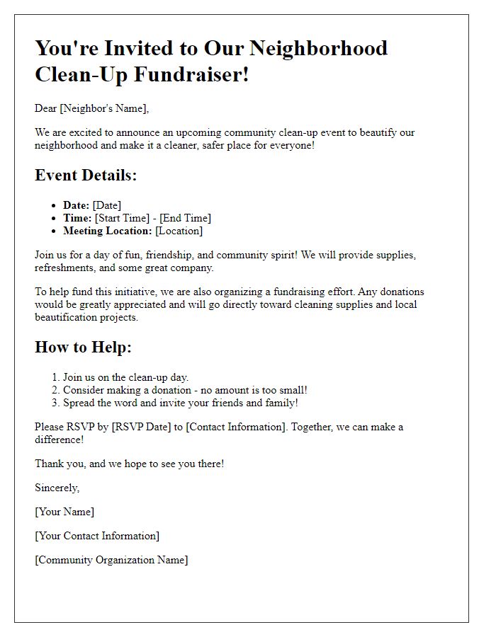 Letter template of community fundraiser invitation for neighborhood clean-up