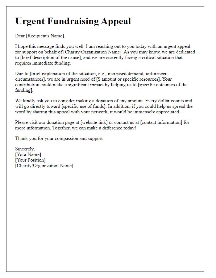 Letter template of urgent fundraising appeal for a charitable cause